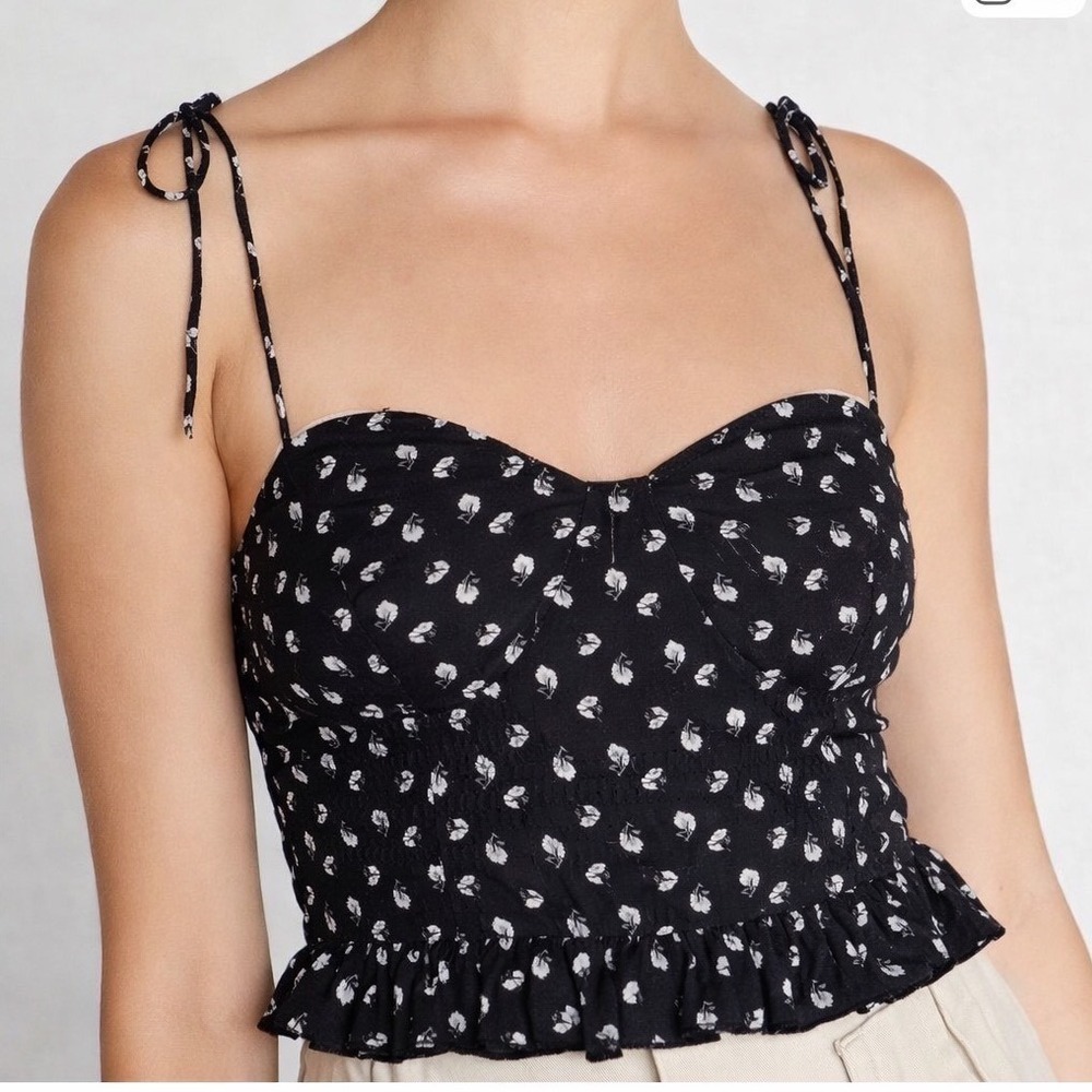 Choosy XS Black Floral Bustier Crop Top Tie Shoulder Smocked Back NWT Coquette